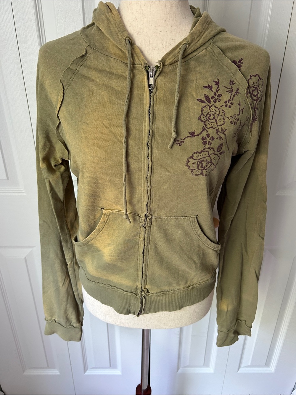 Urban Outfitters Olive Green Zip-Up Hoodie with Floral Print
